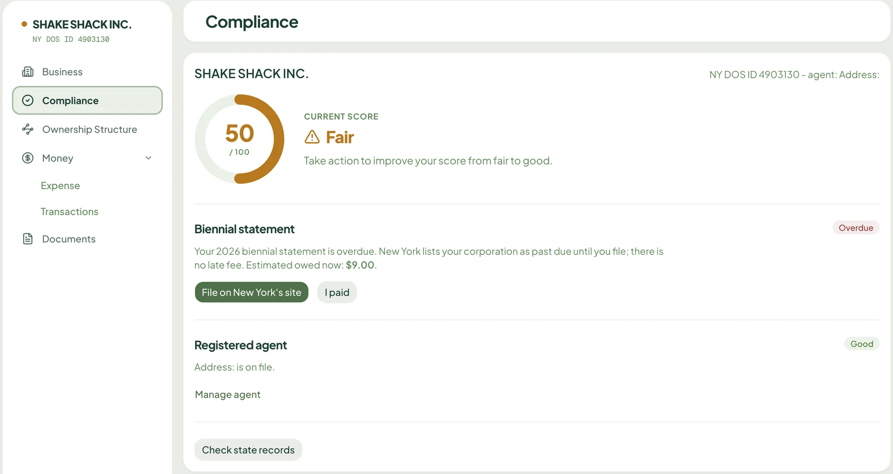 Fernway compliance dashboard for an imported entity